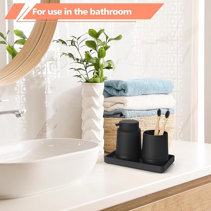 GAHEFY Black Bathroom Countertop Accessories Set - Foaming Soap Dispenser and Toothbrush Holder with Silicone Boot,Vanity Tray (Black Foam)