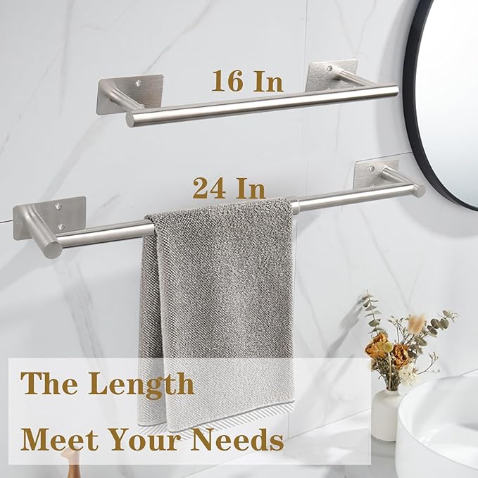 Self Adhesive Bath Towel Bar, Stainless Steel Towel Racks for Bathroom Sticky & Wall Mounted Install Towel Holder,Heavy Duty Towel Rod Rustproof Towel Hanger for Bathroom(Brushed Nickel,24In)
