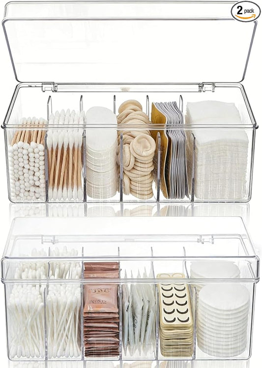 2 Pack Lash Extension Organizer, Clear Eyelash Cart Storage Boxes with 6 Compartments, Separated Large Capacity Eyelash Extension Supplies Storage Container for Lash Techs