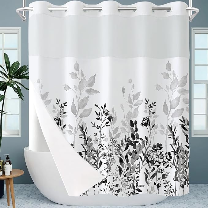 Neasow No Hook Shower Curtain with Snap in Liner, Plant and Flower Curtains with Waterproof Inner Liner for Bathroom, Black and Grey 72×74 inches