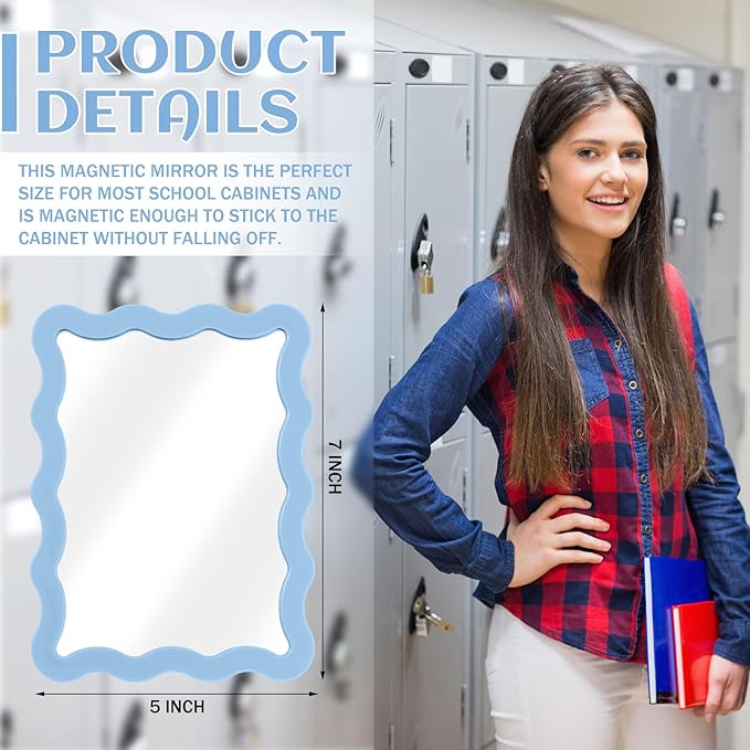 Leinuosen 2 Pcs Scalloped Magnetic Locker Mirror Small Real Glass Makeup Mirror with Magnetic Backing Cute Locker Decorations for Office Cabinet Lockers Accessories (5 x 7 Inch,Blue,White)