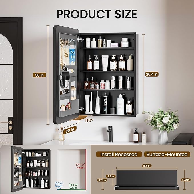 Medicine Cabinet with Mirror, 20x30 Inch Aluminum Bathroom Cabinet with Adjustable Shelves, Built-in Makeup Storage, Recessed or Surface Mount, Soft Close Hinges, Matte Black