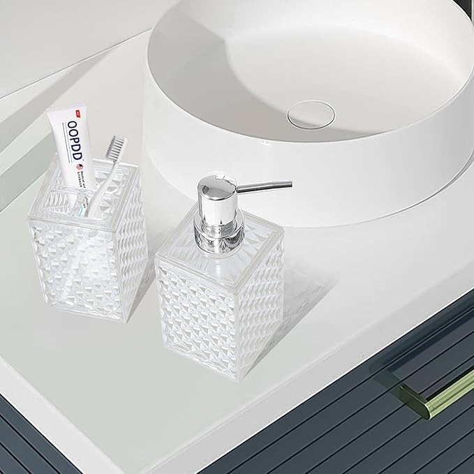 2PCS White Bathroom Accessories. Contain Soap Dispenser and Toothbrush Holder Set. Boho Bathroom Set for Blue Bathroom Décor