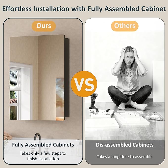 20x28 Inch Medicine Cabinet with Mirror, Recessed or Surface Mounted Bathroom Cabinets for Storage, 2 Fully Adjustable Tempered Glass Shelves, Soft-close DTC Hinges, HD Reflection Mirror Door, Black