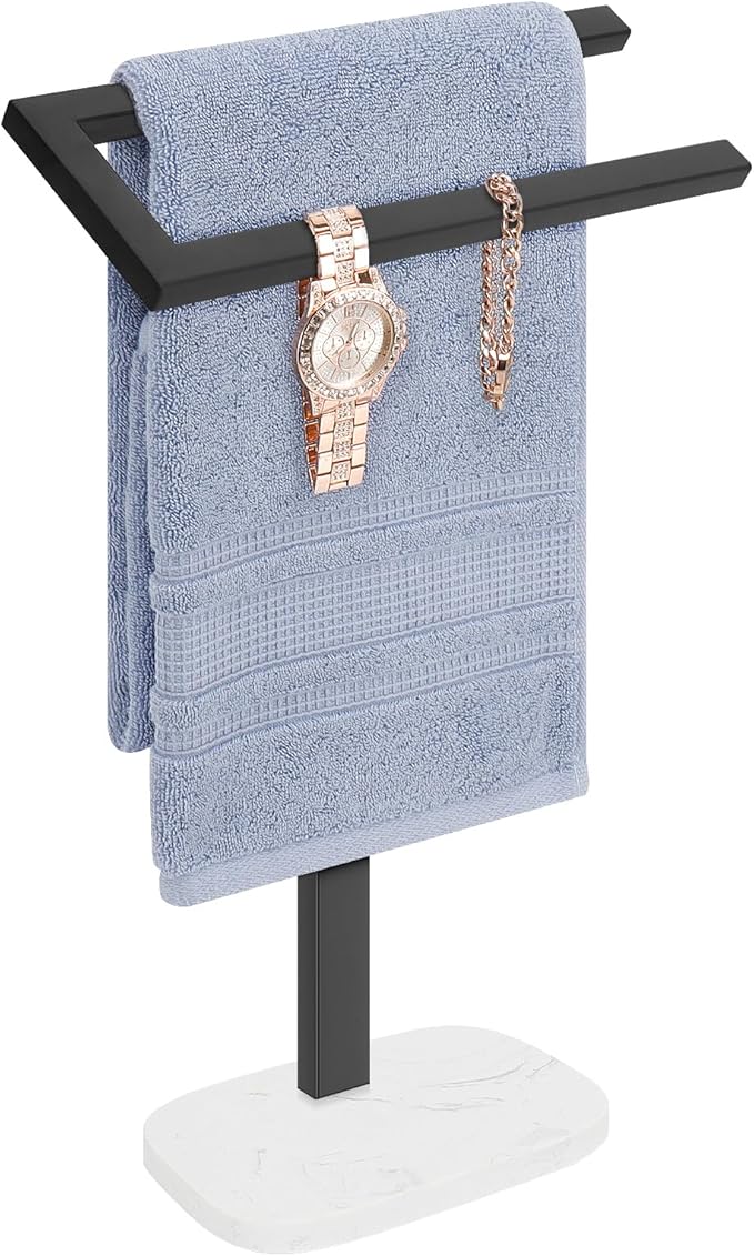 Livabber Standing Hand Towel Holder, 304 Stainless Steel Hand Towel Rack Stand with Heavy Marble Base, Bath Accessories, Towel Ring for Bathroom Kitchen Countertop, 14 Inch (Black)
