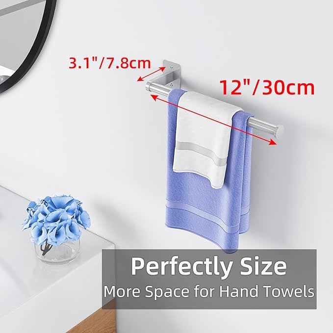 12 Inch Hand Towel Holder, Thicken Stainless Steel Towel Ring for Bathroom Wall Mounted, Heavy Duty Hand Towel Bar Organizer, Modern Home Decor Towel Rack, Brushed Silver Single Rod