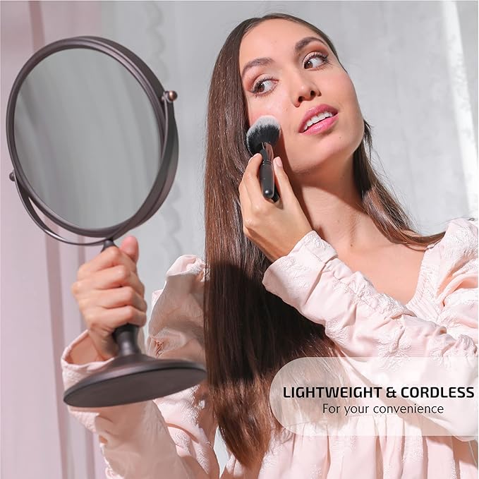 OVENTE 8'' Tabletop Makeup Mirror with 1X/7X Magnification, 360° Swivel Design and Double-Sided Free-Standing Vanity Mirror Perfect for Dresser, Bedroom and Office Desk, Antique Bronze MNLAT80ABZ1X7X