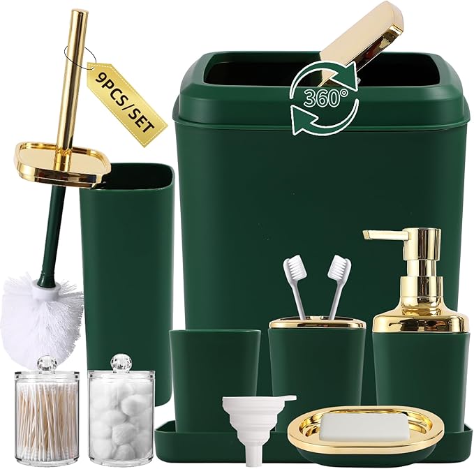 XLHOMO Bathroom Accessories Set, Green Bathroom Set, Dark Green Bathroom Accessory Set with Trash Can, Soap Dispenser, Soap Dish, Toothbrush Holder and Q-tip Holders