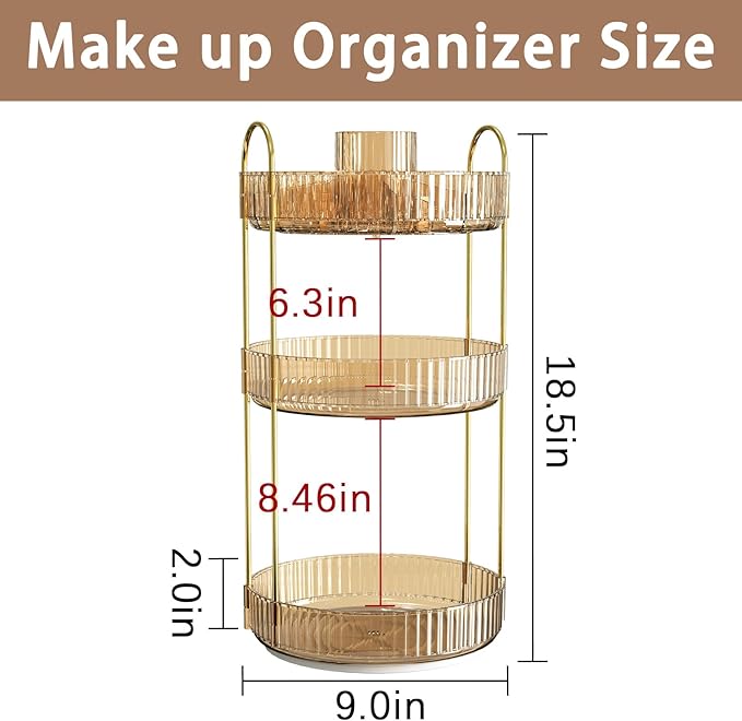 shuang qing Rotating Makeup Organizer for Vanity, High-Capacity Skincare Clear Make Up Storage Perfume Organizers Cosmetic Dresser Organizer Countertop 360 Spinning (Gold, New-3 Tier)