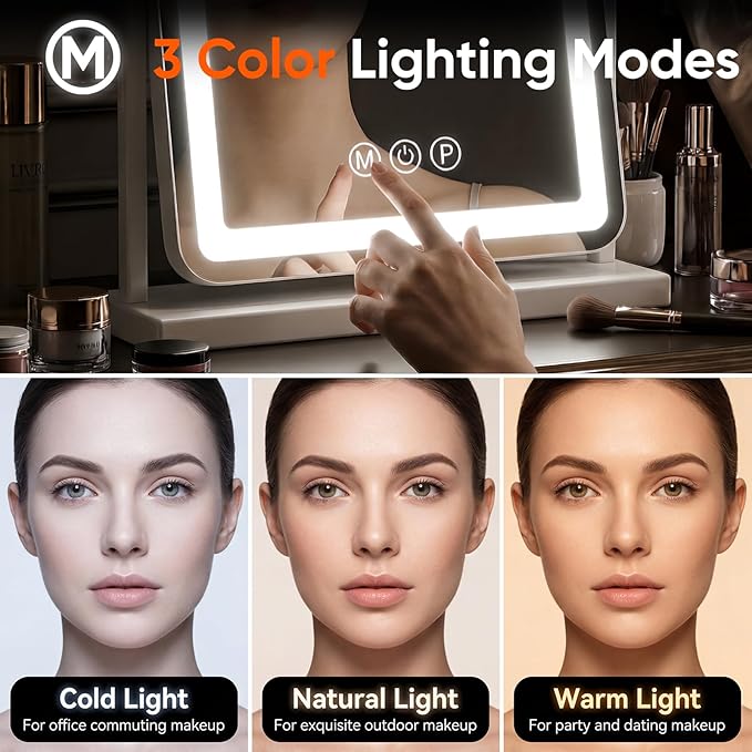 Vanity Mirror with Lights, 18"x13" Hollywood Lighted Makeup Mirror for Tabletop & Bedroom 3 Color Lighting Modes Smart Touch Control 360° Rotation Detachable