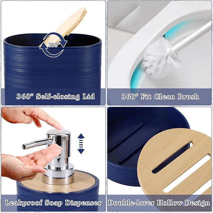 XLHOMO Navy Blue Bathroom Set, Bathroom Accessories Set with Shower Curtain, Bath Towel Set, Blue Shower Curtain Set with Bathroom Trash Can, Soap Dispenser, Soap Dish for Home Decor