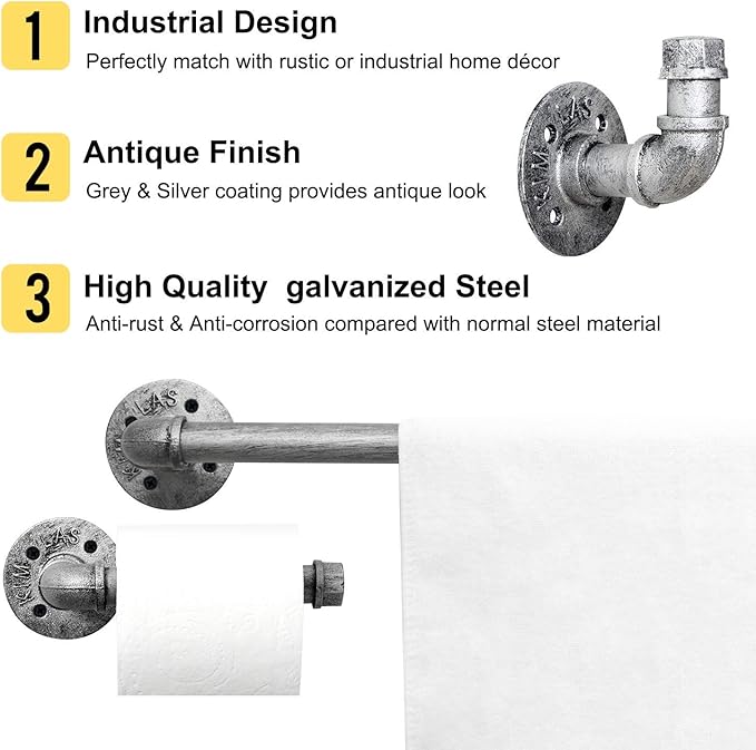 HouseAid 3-Pieces Industrial Pipe Towel Holder Set, Rustic Steel Towel Rack Kit, Farmhouse Vintage Style Towel Bar Accessories for Bathroom, Wall Mounted, Antique Silver