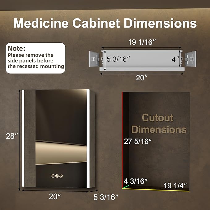 Medicine Cabinet with LED Lights and Mirror, 20 x 28 Inch Surface or Recessed Mounted Bathroom Cabinet with Door, Defogger, Memory Function, 3-Color Mode, Outlet&USB, Dimmer, Storage Shelf