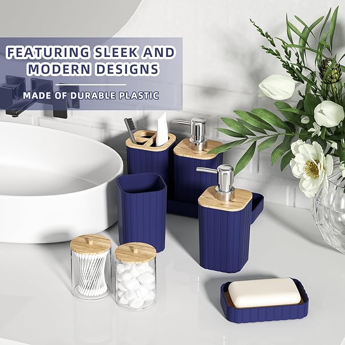 XLHOMO Bathroom Accessories Set - Elegant Blue Bathroom Set, 10PC Bathroom Accessory Set, Toilet Brush, Trash Can, Qtip Holder Dispenser & Soap Dispenser