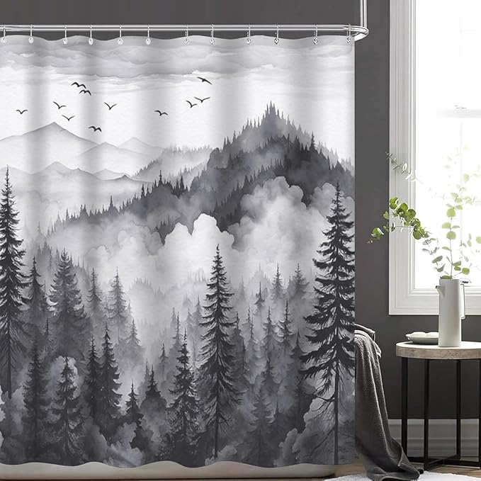 NBVKO 4Pcs Grey Misty Forest Shower Curtain Set with 12 Hooks Non-Slip Rugs,Toilet Lid Cover and Bath Mat,Nature Tree Mountain Bathroom Decor for Hotel & Home Bathroom