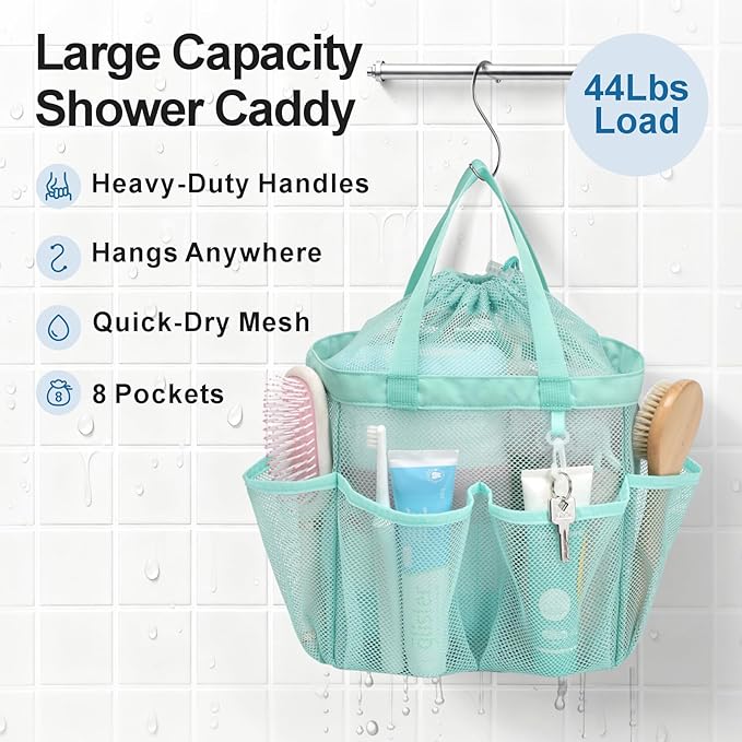F-color Mesh Shower Caddy Portable with Drawstring - Large 8 Pockets Dorm Room Essentials for Guys Girls with S Hook, Shower Bag Basket Tote for College Camping Gym Travel Bathroom, Sage Green