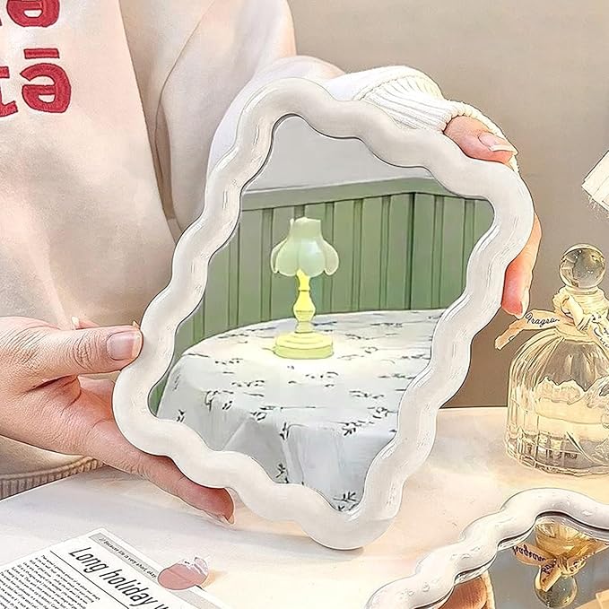 Wave Shaped Table Desk Vanity Makeup Mirror Cute Portable Travel Folding Make Up Mirror for Standing Hanging 6.7X5.3 Inch Home Decoration (White)