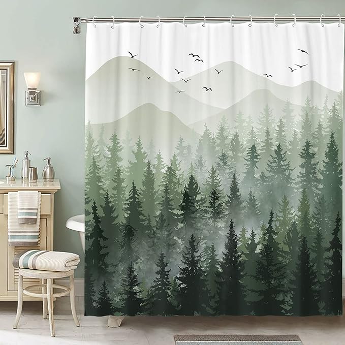 Accnicc Misty Forest Shower Curtain Nature Mountain Pine Tree Woodland Shower Curtains for Bathroom Ombre Sage Green White Waterproof Fabric Modern Bath Curtain Decor 72×72 Inches