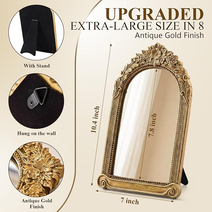 Small Gold Vintage Mirror for Desktop, 10" x 7" Antique Tabletop Vanity Mirror with Stand, Ornate Embossed Decorative Makeup Mirror for Dresser, Bedroom Aesthetic Room Decor