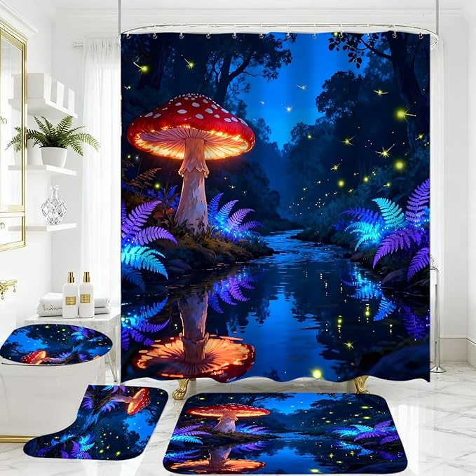 jieprom 4 Piece Blue and Purple Shower Curtain Set with Rugs, Magical Red Mushroom & Glowing Forest Art, Fantasy Aesthetic Waterproof Fabric Bathroom Decor with Non-Slip Mats & Toilet Lid Cover