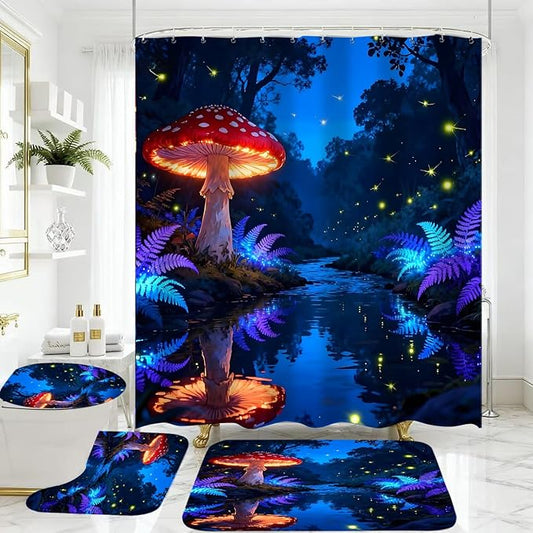 jieprom 4 Piece Blue and Purple Shower Curtain Set with Rugs, Magical Red Mushroom & Glowing Forest Art, Fantasy Aesthetic Waterproof Fabric Bathroom Decor with Non-Slip Mats & Toilet Lid Cover