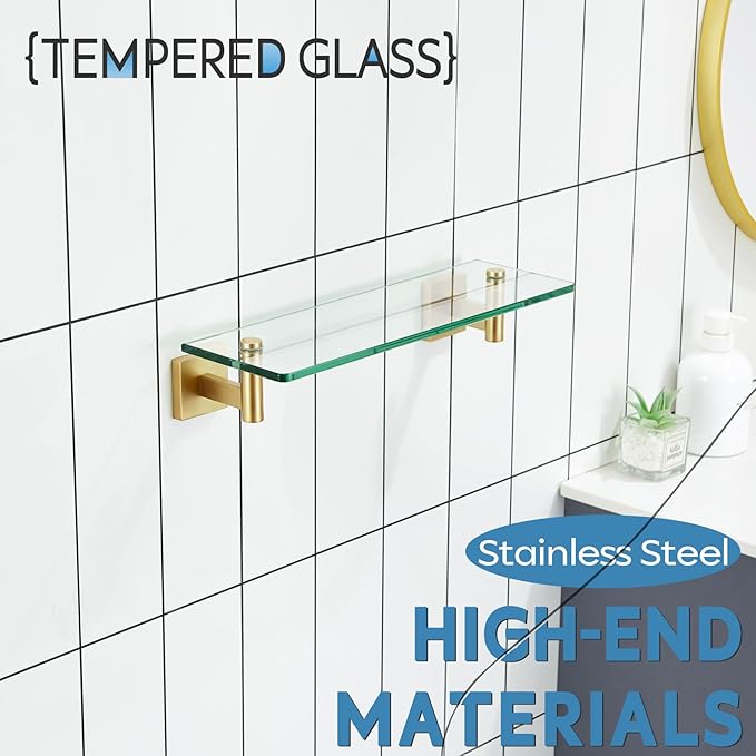 KOKOSIRI Wall Shelves Floating Shelf 16'' Stainless Steel Bathroom Hardware Tempered Glass Small Hanging Rack for Storage/Room Decor Gold B1105BG-L16