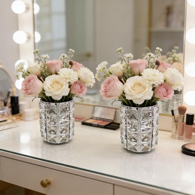 Makeup Brush Holder Organizer Crystal Bling Cosmetic Storage Box for Brushes, Combs & Pens, Candle Holder Container???Silver???