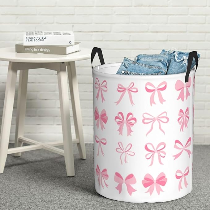 Laundry Basket Room Decor,Round Laundry Hamper Waterproof Dirty Clothes Hamper Collapsible Laundry Baskets With Handles,Toy/Clothes Storage Basket For Home Dorm Bathroom Decor (Pink Bow)