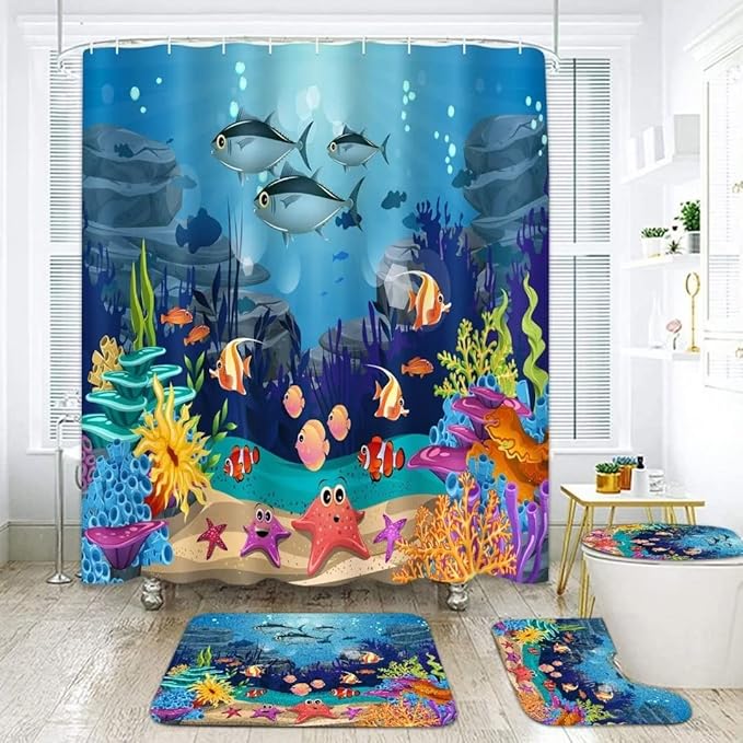 NBVKO 4PCS Cartoon Blue Ocean and Creature Shower Curtain Set with Non-Slip Rugs,Toilet Lid Cover and Bath Mat,Bathroom Decor Accessory Set