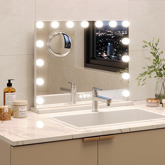 Vanity Mirror with Lights, 23" x 18" Makeup Mirror with Lights, Hollywood Lighted Vanity Mirrors with 15 Dimmable LED Bulbs, 3 Color Modes, Light up Mirror with Touch Control for Bedroom, Tabletop