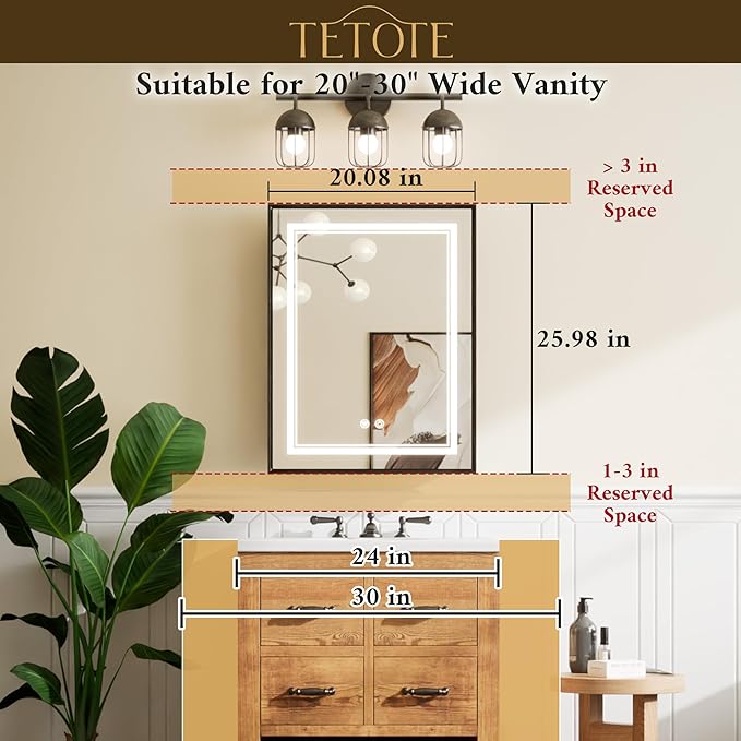 TETOTE White Led Lighted Bathroom Medicine Cabinet with Mirror 20 x 26 Recessed or Surface Mount Metal Framed Medicine Cabinet with Lights, Tempered Glass, 3 Color Dimming, Anti-Fog, 2 Outlets