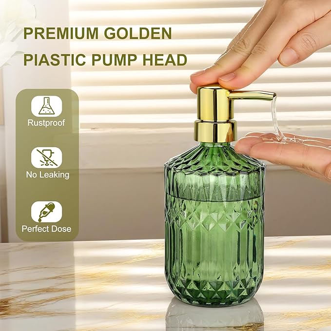 Green Glass Soap Dispenser (15.4 Oz, 1 Pack), Dish Soap Dispenser with Golden Rust Proof Pump for Kitchen Sink, Refillable Bathroom Hand Soap Lotion Dispenser