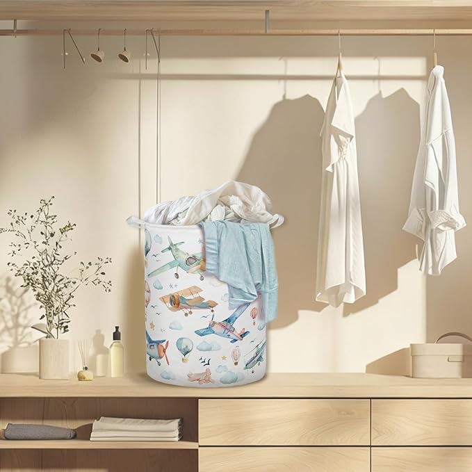 Baby Airplanes Laundry Basket Hamper, Space Kids Nursery Decor, Hot Air Balloon Foldable Clothes Toys Books Storage Box Bins Baskets Organizer for Kids Boys Bedroom Playroom Bathroom