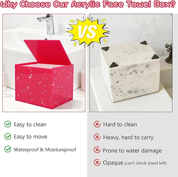 Hot Pink Acrylic Disposable Face Towel Holder-Compatible with Clean Skin Club Facial Towel XL, Acrylic Face Towelette Storage Box Container, Cosmetic Organizer for Bathroom Countertop Storage
