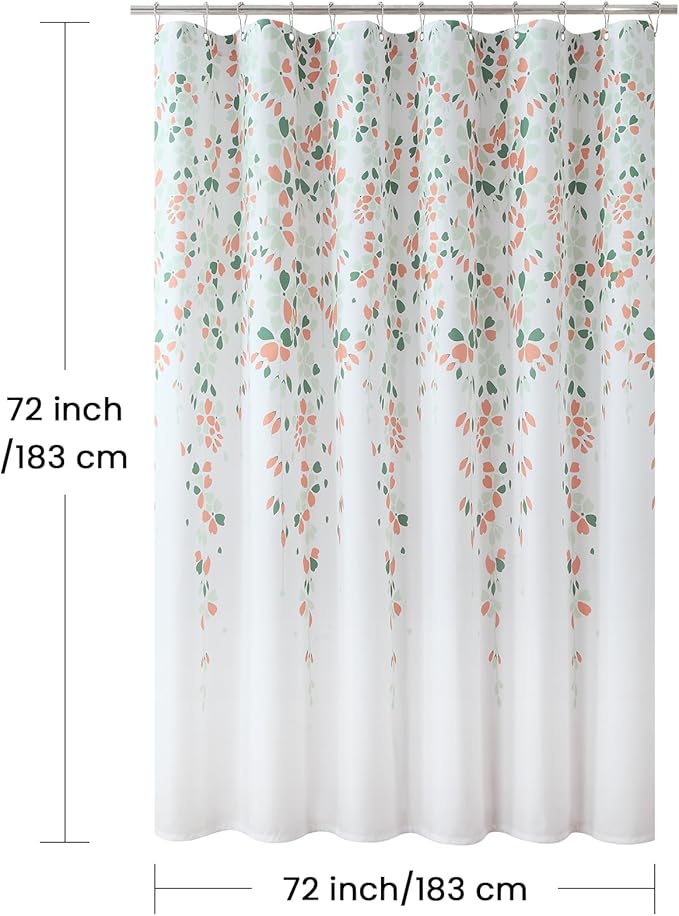 Fabric Floral Shower Curtain, Orange and Sage Green Flower Shower Curtains for Bathroom, Waterproof Bathroom Curtains, 72" W x 72" H