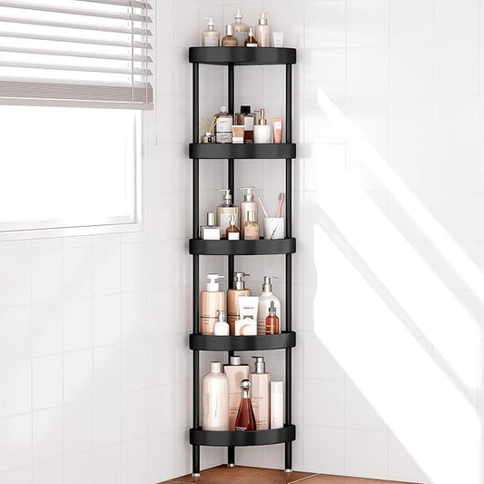 Nieifi Corner Shower Caddy Stand-5 Tier Rustproof Anodized Aluminum Standing Shower Organizer-Shower Caddy Corner-Dual Stability to Anti-Shaking-Height-Adjustable Legs for Uneven Surfaces-Black