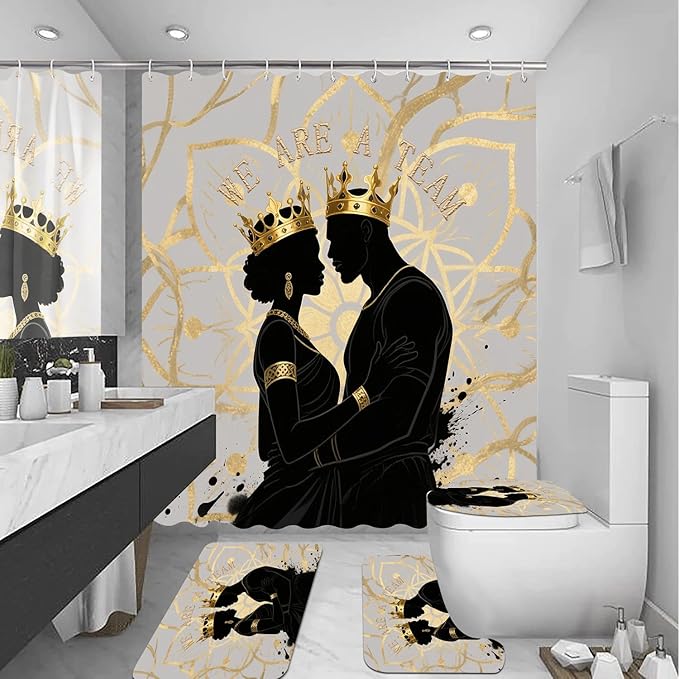 4 PCS Boho Black King Queen Shower Curtain Set with Waterproof Shower Curtain, Non-Slip Bath Mat, Rug, Toilet Lid Cover, Romantic Afrcian American Black Man Woman Halloween Bathroom Decor Set