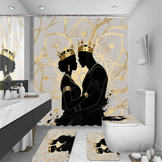 4 PCS Boho Black King Queen Shower Curtain Set with Waterproof Shower Curtain, Non-Slip Bath Mat, Rug, Toilet Lid Cover, Romantic Afrcian American Black Man Woman Halloween Bathroom Decor Set
