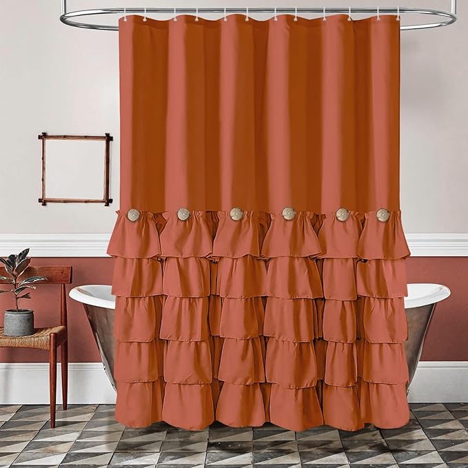 Seasonwood Orange Shower Curtain Burnt Orange Shower Curtain with Nature Buttons Ruffle Shower Curtains Farmhouse Shower Curtains for Bathroom 72×84