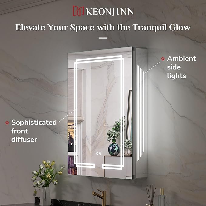 Keonjinn 40 x 32 Inch Large Medicine Cabinet with Lights, LED Lighted Medicine Cabinet Mirror for Bathroom, No Outlets, Tempered Glass, UL-Listed, Dimmable, 3 Color Lights, Anti-Fog, Wall Mount Only