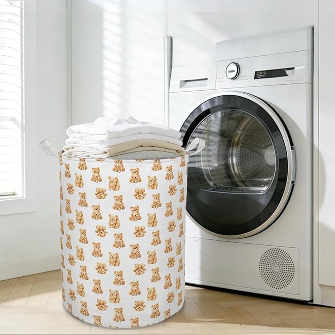 Bear Nursery Kids Laundry Basket Hamper, Cute Brown Little Bears Foldable Clothes Toys Books Storage Box Bins Baskets Organizer for Nursery Kids Room Bedroom Playroom