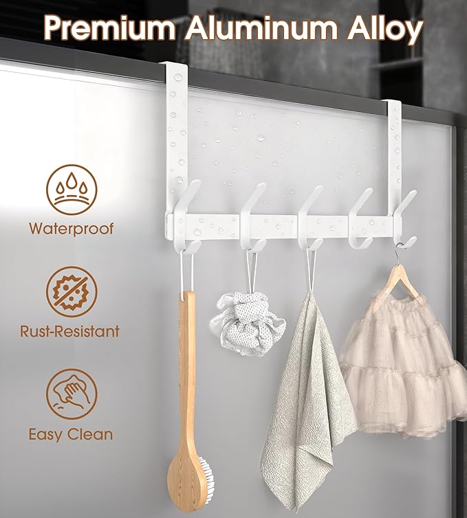 Over The Door Hooks Hanger with 7" Arms for Hanging Heavy Coats, Towel, J7U, Perfectly Fits US Standard 1 3/8-inch Doors, Towel Rack Bathroom Organizer Holder, Rustproof, White