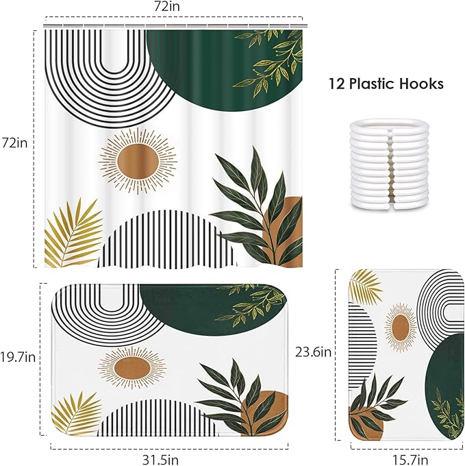 ArtSocket Mid Century Green Boho Bathroom Set with Shower Curtain and Bath Rugs and Accessories,Abstract Sun Arch Curve Leaves Geometric Non-Slip Shower Curtain Set,Bathroom Decor 3 Pcs