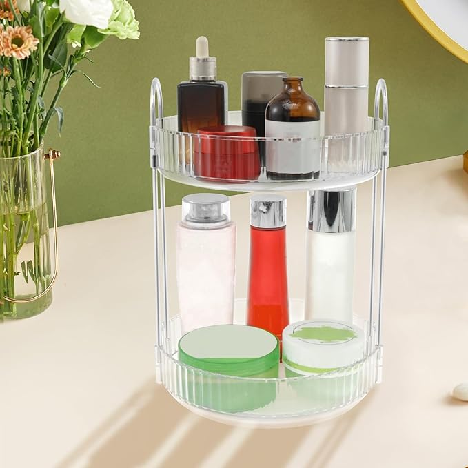 Rotating Makeup Organizer 360°Rotating Skincare Organizer Large Capacity Rotating Cosmetic Organizer 2 Layers Rotating Vanity Organizer Practical Rotating Dresser Organizer for Countertop (Clear 2PCS)