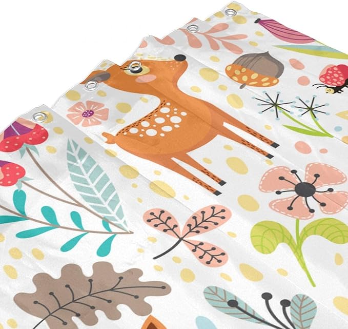 Kids Baby Woodland Shower Curtain Animals Cartoon Girls Children's Cute Cartoon Funny Colorful Weeds Plants Fox Waterproof Fabric Bathroom Decor 66x72 Inches(168x183cm), Style-13