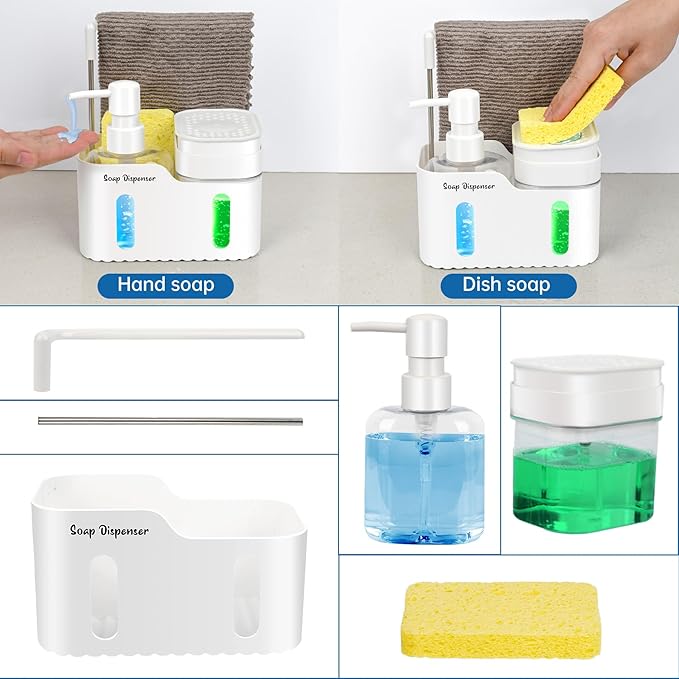 Hand Soap and Dish Soap Dispenser Set for Kitchen, Dual Soap Dispenser with Sponge Holder and Dishcloth Holder 4-in-1 Organizer for Kitchen Sink Countertop, Useful Kitchen Gadgets (White)