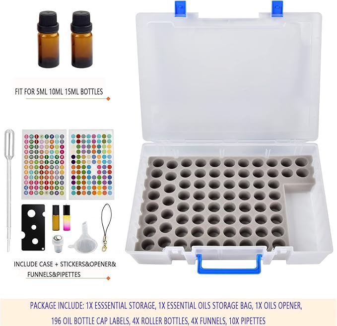 ALCYON Essential Oil Storage Case Contains 75 Bottles and accessories with Stickers, Opener, Funnels, Pipettes, Bottles Organizer Holder Container (Not Include Bottles)