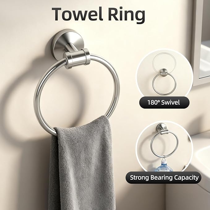 Bathroom Hardware Set 4 Piece, SUS304 Stainless Steel Bathroom Towel Rack Holder Set, Brushed Nickel Towel Bar Set-20 Inch Bathroom Towel Bar, Nickel Toilet Paper Holder, Hook for Bathroom, Towel Ring