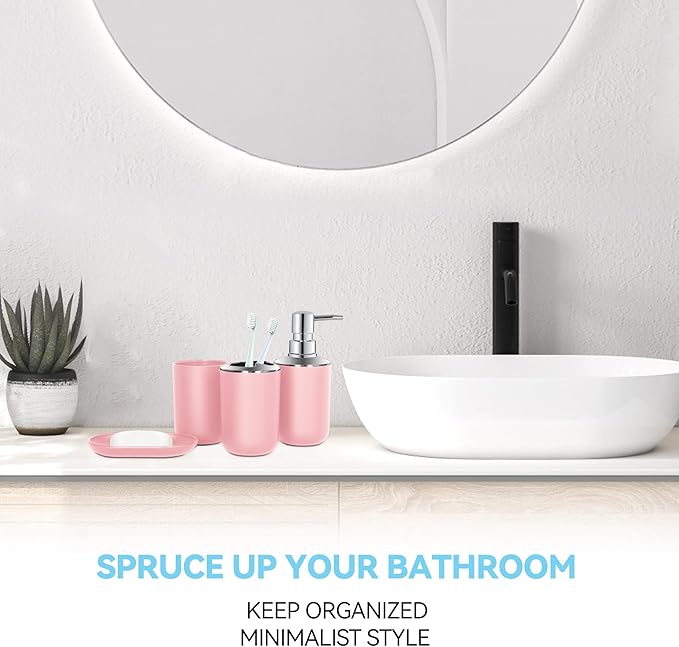 Pink Bathroom Accessories Set 4 PCS, Pink Bathroom Accessories, Plastic Soap Dispenser and Toothbrush Holder Set, Soap Dish and Mouthwash Cup, Boho Bathroom Decor, Bathroom Set