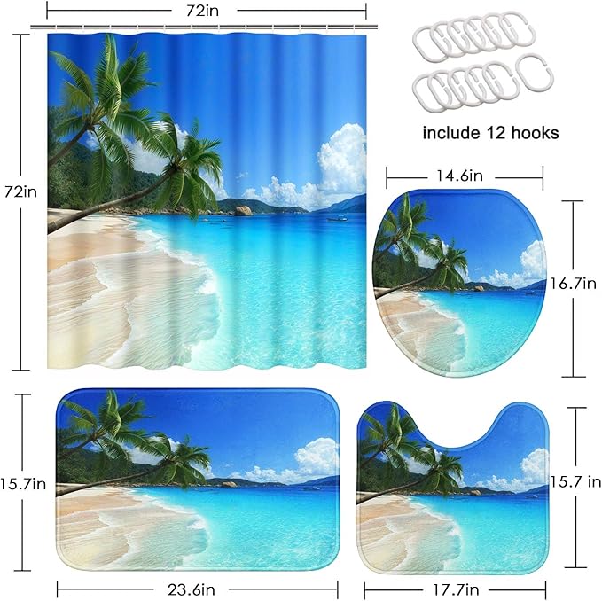 Britimes 4 Piece Shower Curtain Sets, with 12 Hooks, Tree Tropical Beach with Non-Slip Rugs, Toilet Lid Cover and Bath Mat for Bathroom Decor Set, 72" x 72"